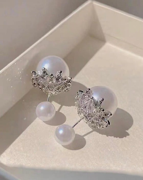 1pair Elegant & Smooth & Round Cultured Faux Pearl Stud Earrings With Little Diamonds