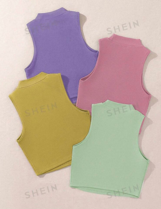 4pcs Solid Mock Neck Tank Top