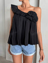 One Shoulder Ruffle Trim Pleated Blouse