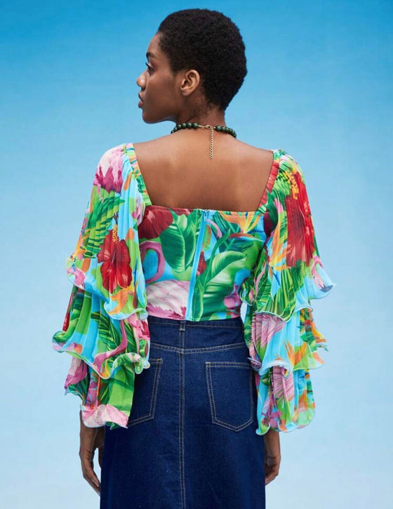 Tropical Print Lettuce Trim Layered Sleeve Crop Top