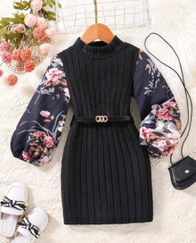  Young Girl Floral Print Lantern Sleeve Dress With Belt