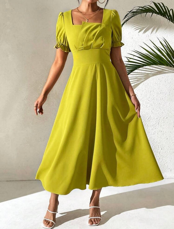 Green Square Neck Short Puff Sleeve Long Elegant Vacation Dress