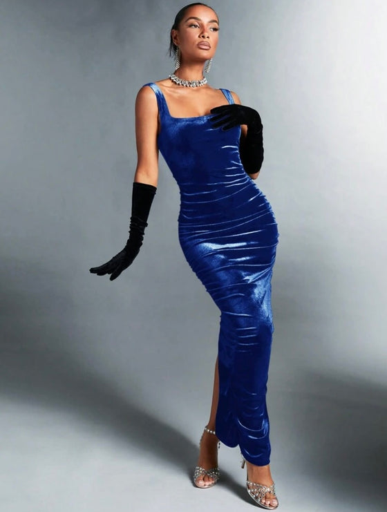 Split Back Ruched Velvet Bodycon Dress