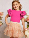 Kids CHARMNG Young Girl Solid Color Round Neck Casual Top With Ruffled Cap Sleeves