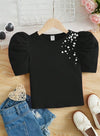 Kids FANZEY Girls Pearls Beaded Puff Sleeve Tee