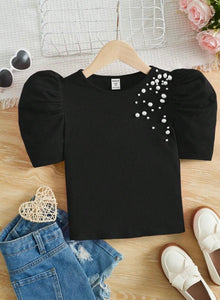  Kids FANZEY Girls Pearls Beaded Puff Sleeve Tee