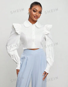  Peter Pan Collar Ruffle Trim Crop Blouse