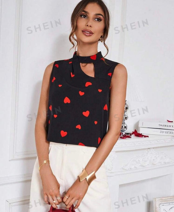 Hollow Out Heart Shaped Print Sleeveless Shirt