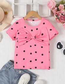  Young Girl Polka Dot Print Bow Front Tee