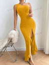 Women's One Shoulder Sleeveless High Slit Dress