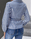 Striped Print Lantern Sleeve Belted Shirt