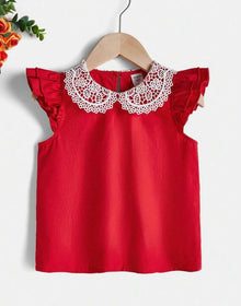  Kids CHARMNG Toddler Girls' Red Color Block Lace Flower Design Doll Collar Top With Multiple Layers Of Ruffles