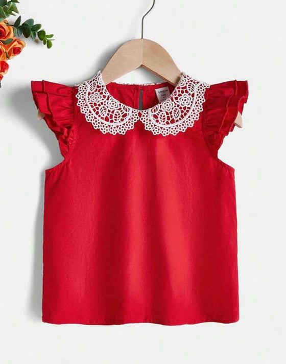 Kids CHARMNG Toddler Girls' Red Color Block Lace Flower Design Doll Collar Top With Multiple Layers Of Ruffles