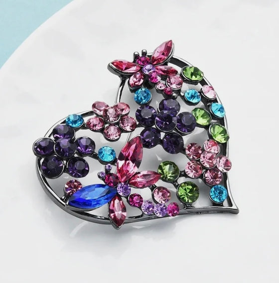 Heart Flower Dragonfly Crystal Rhinestone Brooch Pin