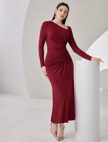  Women's Asymmetrical Neckline & Pleated Body Casual Dress