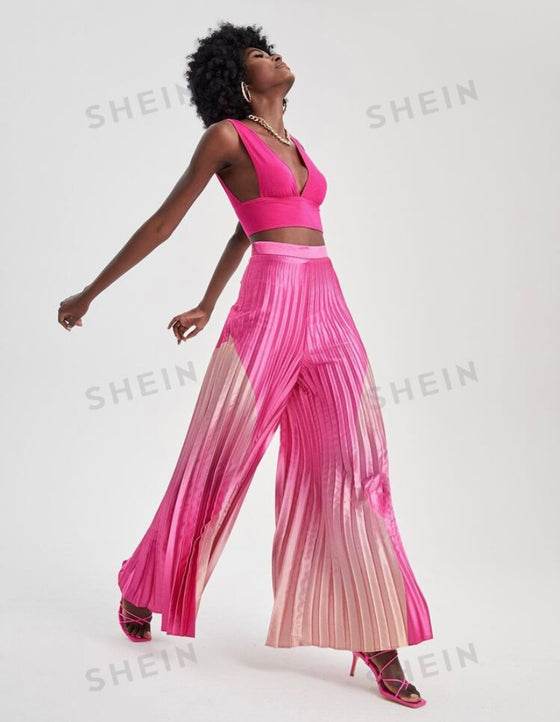 Ruched Tank Top & Pleated Wide Leg Pants Set