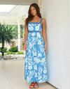 Women Summer Vacation Style Spliced Wavy Strap Tropical Plant Printed Long Elegant Dress