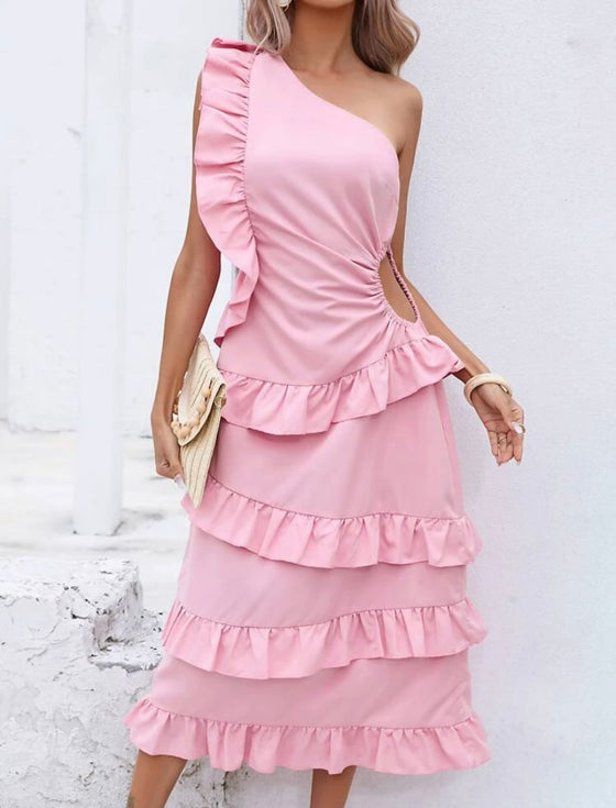 Cutout Waist One Shoulder Ruffle Hem Dress