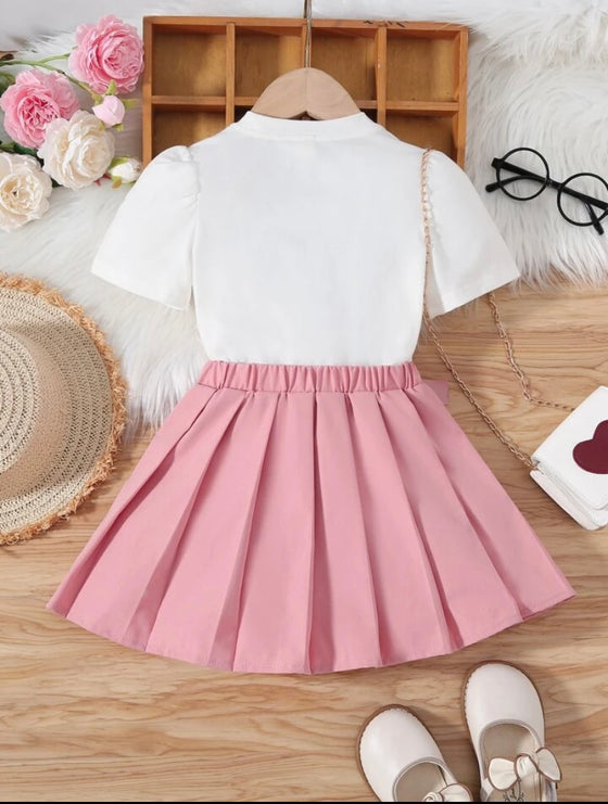 Kids QTFun Young Girl Cartoon Graphic Tee & Pleated Skirt