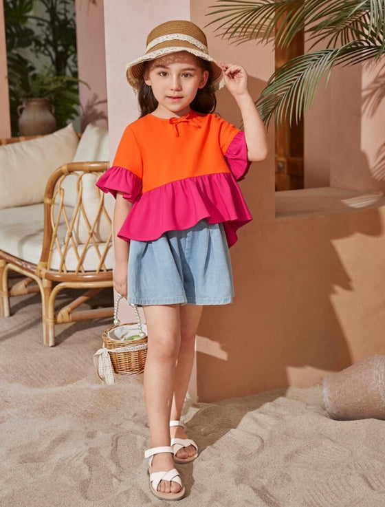 Kids SUNSHNE Toddler Girls 1pc Colorblock Flounce Sleeve Peplum Blouse