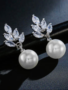  Cubic Zirconia & Faux Pearl Decor Drop Earrings