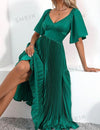 V-Neck Waist Cinched Elegant Ruffle Short Sleeve Pleated Dress