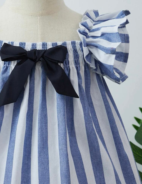 GIRLS Baby Striped Ruffle Trim Bow Front Ruffle Hem Dress