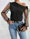 Asymmetric Neckline Polka Dot Velvet Mesh Sheer Flare Sleeve Blouse