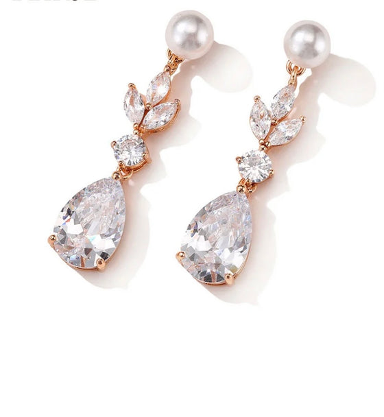 luxury women's long dangle cubic zirconia pearl studs earrings jewelry l