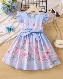  Toddler Girls Floral Print Ruffle Trim Belted Dress