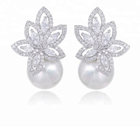 New Fashion Flower cubic zirconia CZ Pearl stud Earrings for bridal jewelry