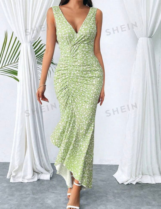 Fashionable Printed High Waist Mermaid Hem Dress