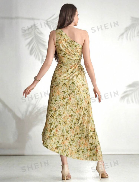 Asymmetric Neckline Floral Printed Pleated Sleeveless Summer Dress