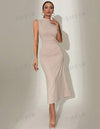 Women's Solid Color Stand Collar Pleated Sleeveless Dress