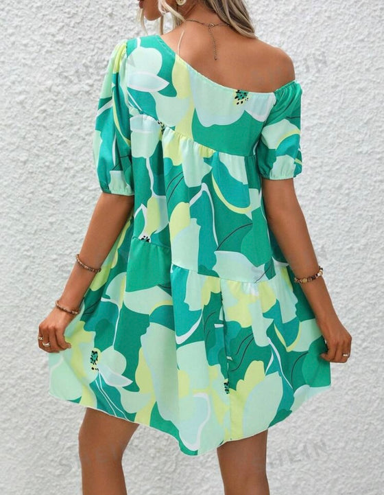 Allover Print Asymmetrical Neck Ruffle Hem Smock Dress
