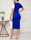 Elegant Color Block Blue And White Diamond Button Slim Fit Dress