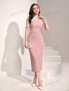 Contrast Lace Yoke Split Back Bodycon Dress