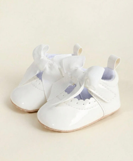 1pair Baby Girls' Solid Color Butterfly Knot Pu Magic Tape Single Shoes, For 0-12Months Infant, Soft Antiskid Soles Princess Style Spring And Autumn