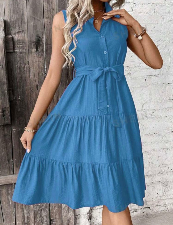 Solid Color Ruffle Hem Single Breasted Sleeveless Shirt Dress