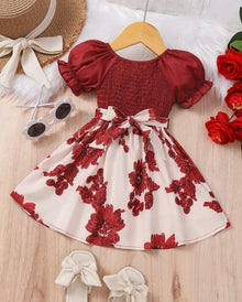  GIRLS Baby Floral Print Shirred Puff Sleeve Belted Dress