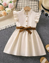 GIRLS Kids EVRYDAY Young Girl Elegant Khaki Solid Color Dress With Stand Collar And Ruffled Sleeves For Summer