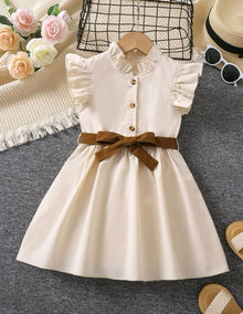  GIRLS Kids EVRYDAY Young Girl Elegant Khaki Solid Color Dress With Stand Collar And Ruffled Sleeves For Summer