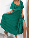V-Neck Waist Cinched Elegant Ruffle Short Sleeve Pleated Dress