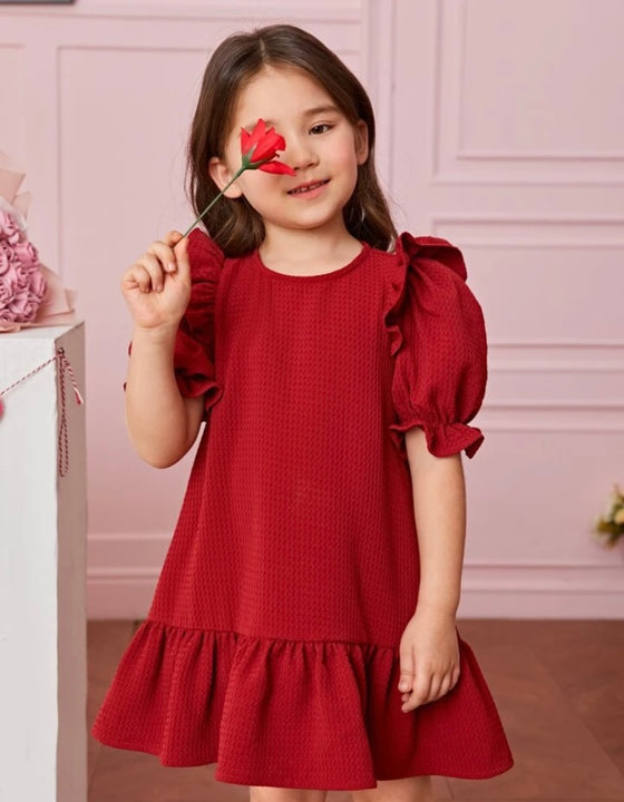 Girls 1pc Puff Sleeve Ruffle Hem Dress