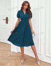Women's Solid Color Turn-Down Collar Short Puff Sleeve Dress With Pleated Hem