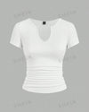 Ladies' Summer Solid Color Notch Collar Ruched T-Shirt, Set Of 3