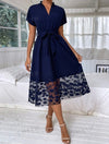 Dolman Sleeve Contrast Geo Mesh Belted Dress