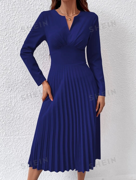 Privé Notched Neck Pleated Hem Dress