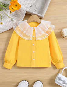  Young Girl Mesh Shirt In Contrast Trim With Ruches With Front Button