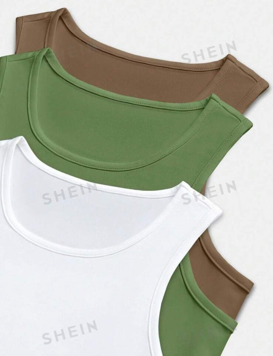 Women's Summer Solid Color Round Neck Casual Top 3pcs Bodysuit